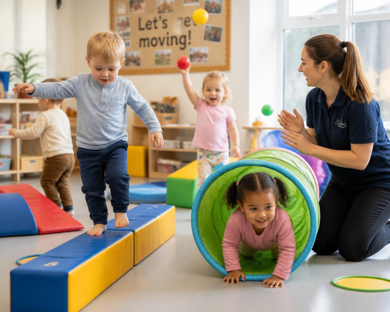 Toddlers balancing, crawling through a tunnel and throwing soft balls with a nursery practitioner